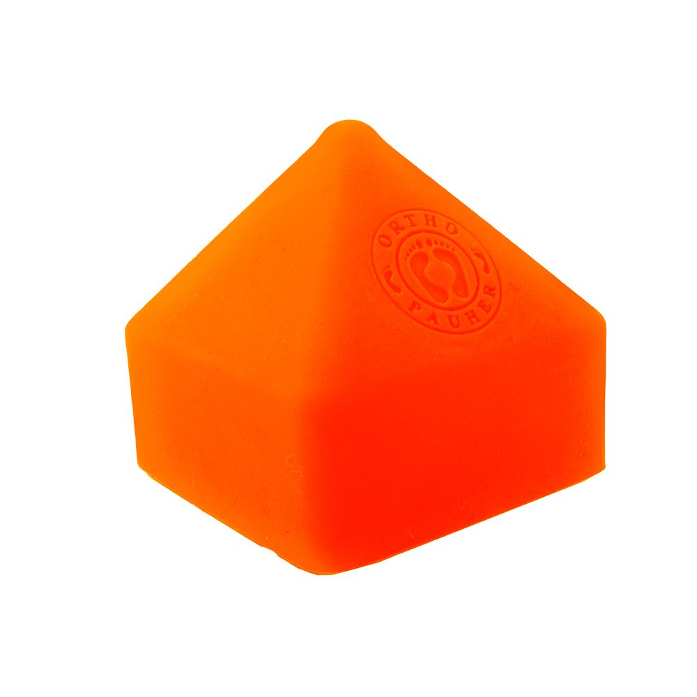 Produto massageador, na cor laranja neon no formato triângular