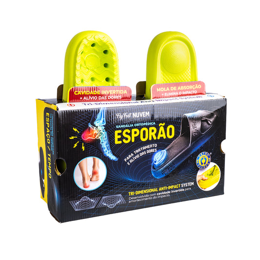 Embalagem com a sandália ortopédica Fly Feet Nuvem Esporão que vira expositor. A imagem mostra a parte inferior (solado) e superior da sandália.