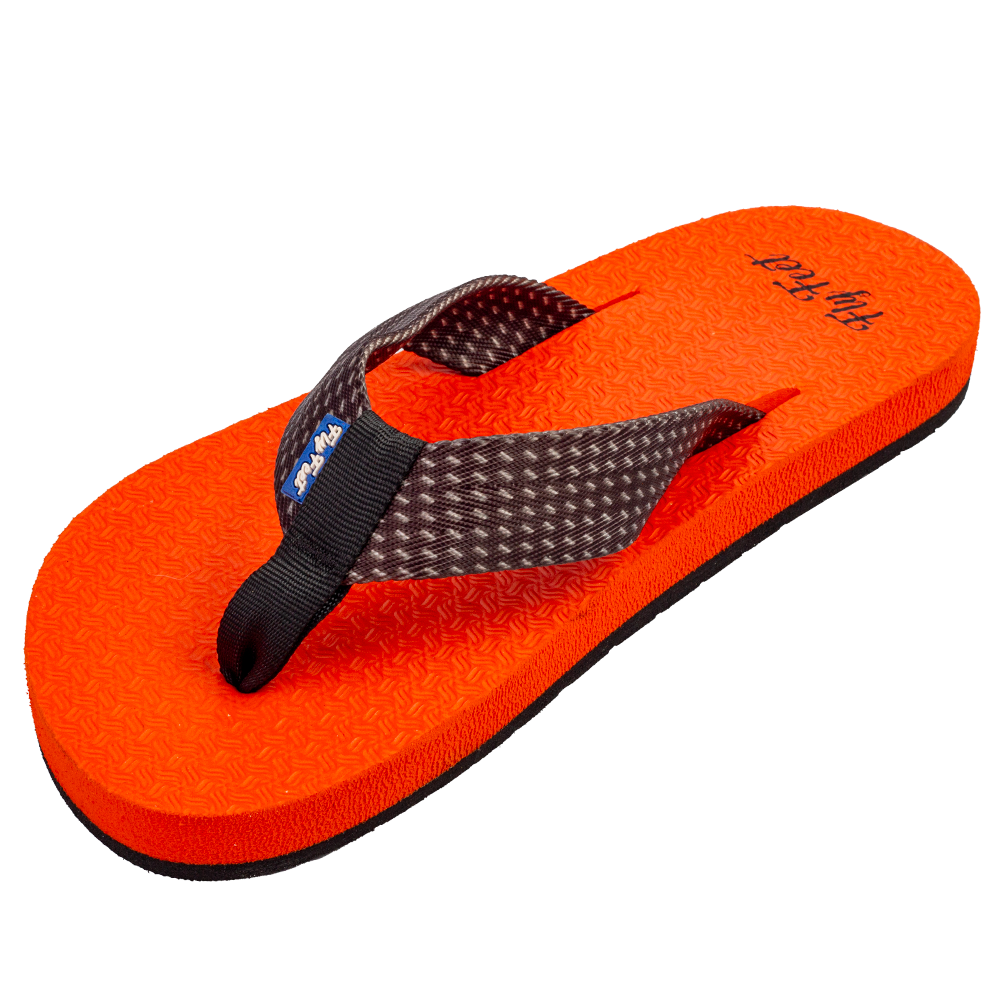 Sandália de dedo com a correia pintada e com o solado com a cor laranja, com a parte inferior preto.