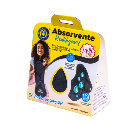 Embalagem caixa do absorvente onde mostra na parte da frente suas principais caracteristicas, como ter 8x mais absorção. Além disso possui uma abertura em formato de gota no centro onde é possivel ver e sentir a textura do absorvente.