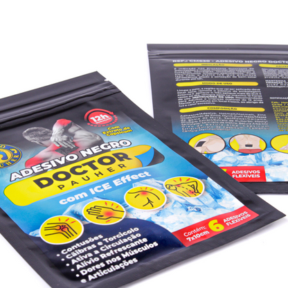 A imagem mostra duas embalagens dos adesivos negro Doctor Pauher, um na frente e o outro mostra a parte de trás 