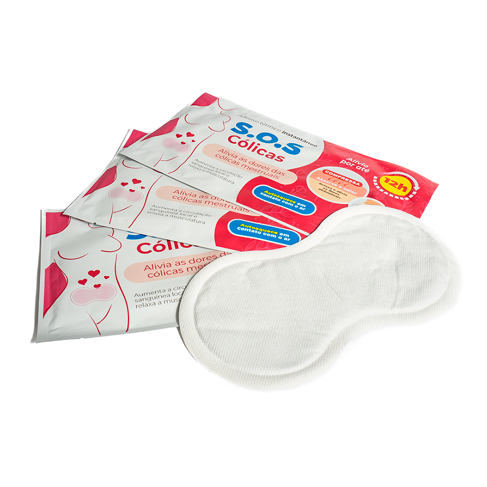Três embalagens sobrepostas a um adesivo térmic S.O.S cólicas