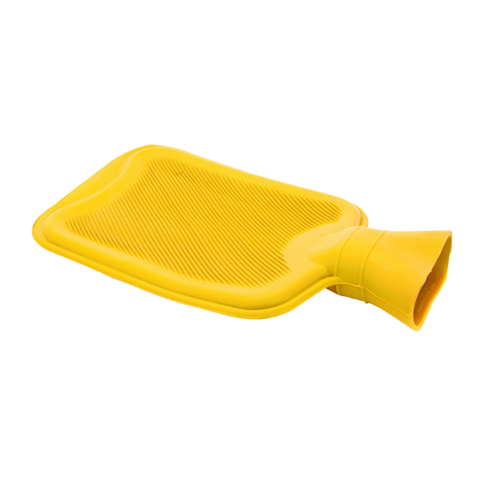 Imagem mostra a bolsa termica na cor amarela, vista de lado. Onde aparece a abertura da rosca de vedação aberta.