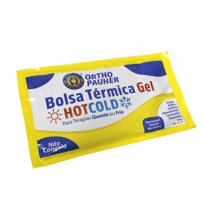 Imagem mostra a bolsa térmica de frente, onde descreve brevimente sua finalidade e centralizado na parte de cima da embalagem se encontra a logo da Ortho Pauher.