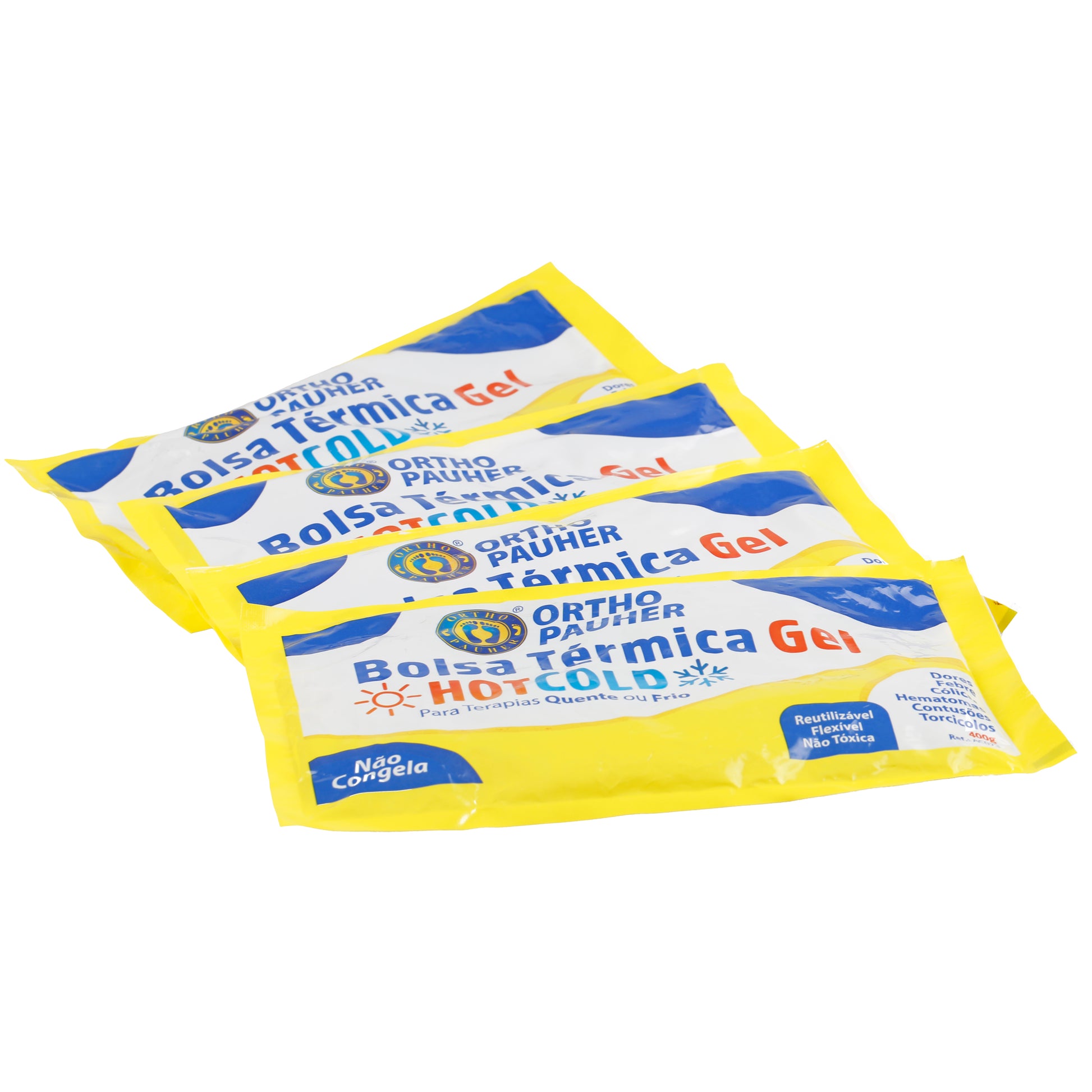 Imagem mostra quatro bolsas térmica posta na mesa, onde descreve brevimente sua finalidade e centralizado na parte de cima da embalagem se encontra a logo da Ortho Pauher.