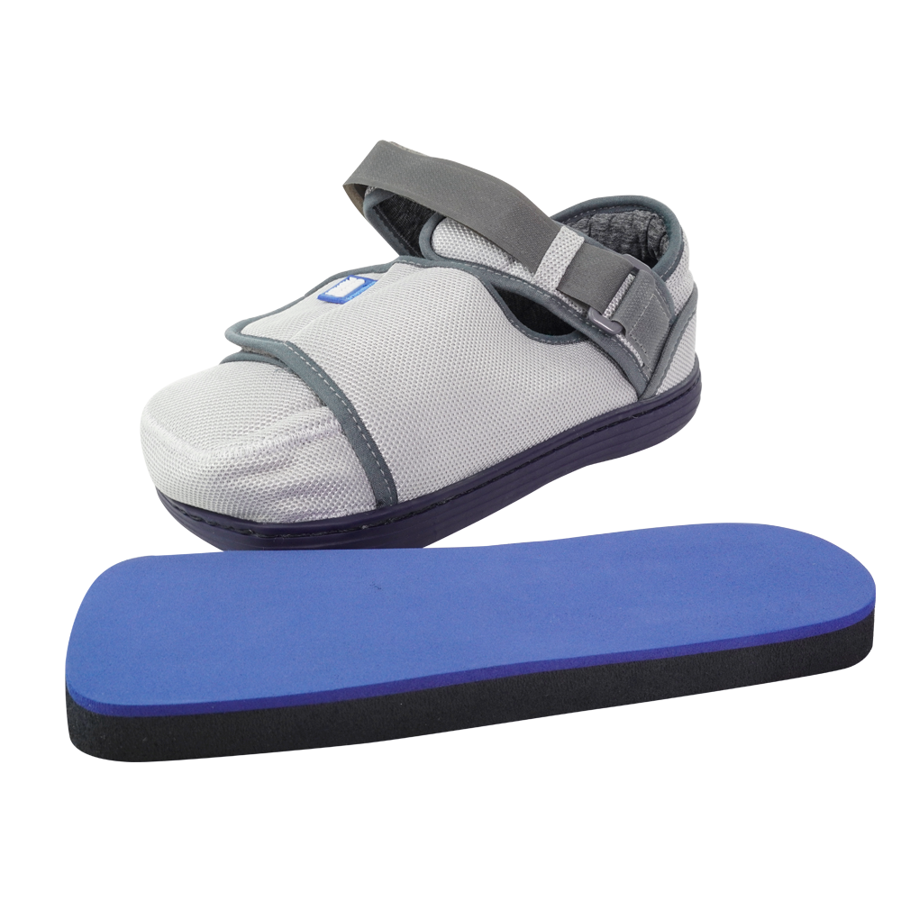 a imagem mostra o Calçado para pós cirurgia e pés diabéticos com palmilha Mosaico anti pressão separada na cor azul