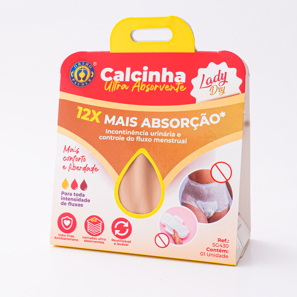 Embalagem caixa da calcinha absorvente onde mostra na parte da frente suas principais caracteristicas, como ter 12x mais absorção. Além disso possui uma abertura em formato de gota no centro onde é possivel ver e sentir a textura da calcinha absorvente.