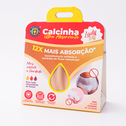 Embalagem caixa da calcinha absorvente onde mostra na parte da frente suas principais caracteristicas, como ter 12x mais absorção. Além disso possui uma abertura em formato de gota no centro onde é possivel ver e sentir a textura da calcinha absorvente.