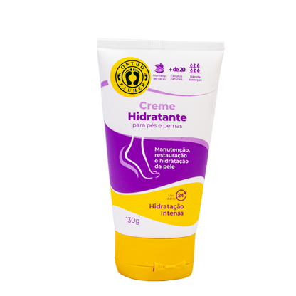 A imagem mostra o creme hidratante para pés e pernas que possui como funcionamento para: Manutenção, restauração e hidratação da pele e possui uma Hidratação intensa de 24h