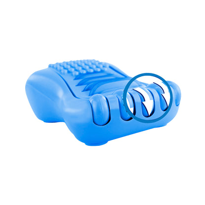 Imagem mostra um massageador para os pés, fazendo os seus movimento para a frente. Na cor  azul