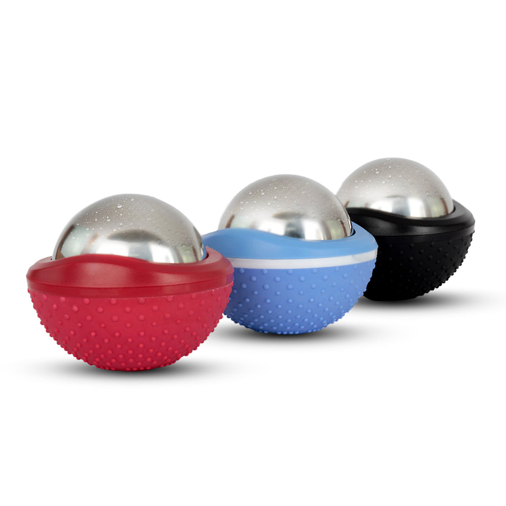 Versão maior da esfera massageadora, nessa imagem mostra as três cores disponiveis: vermelho azul e preto.