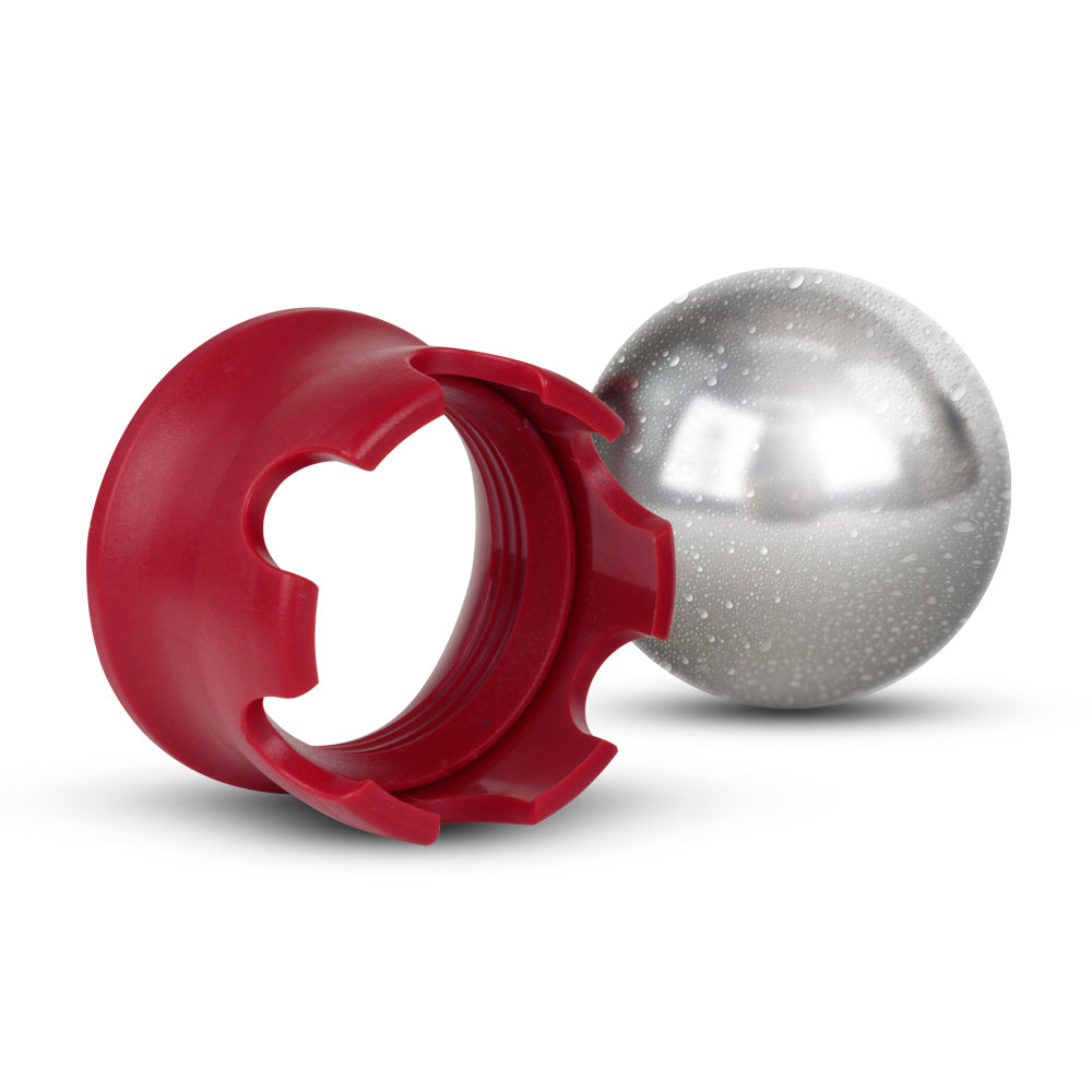 Versão menor da esfera massageadora com a base separada da esfera na cor vermelho