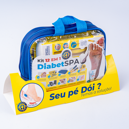 A imagem mostra o kit de 12 em 1 Diabetspa em uma maleta mostrando suas informações técnicas sobre um display