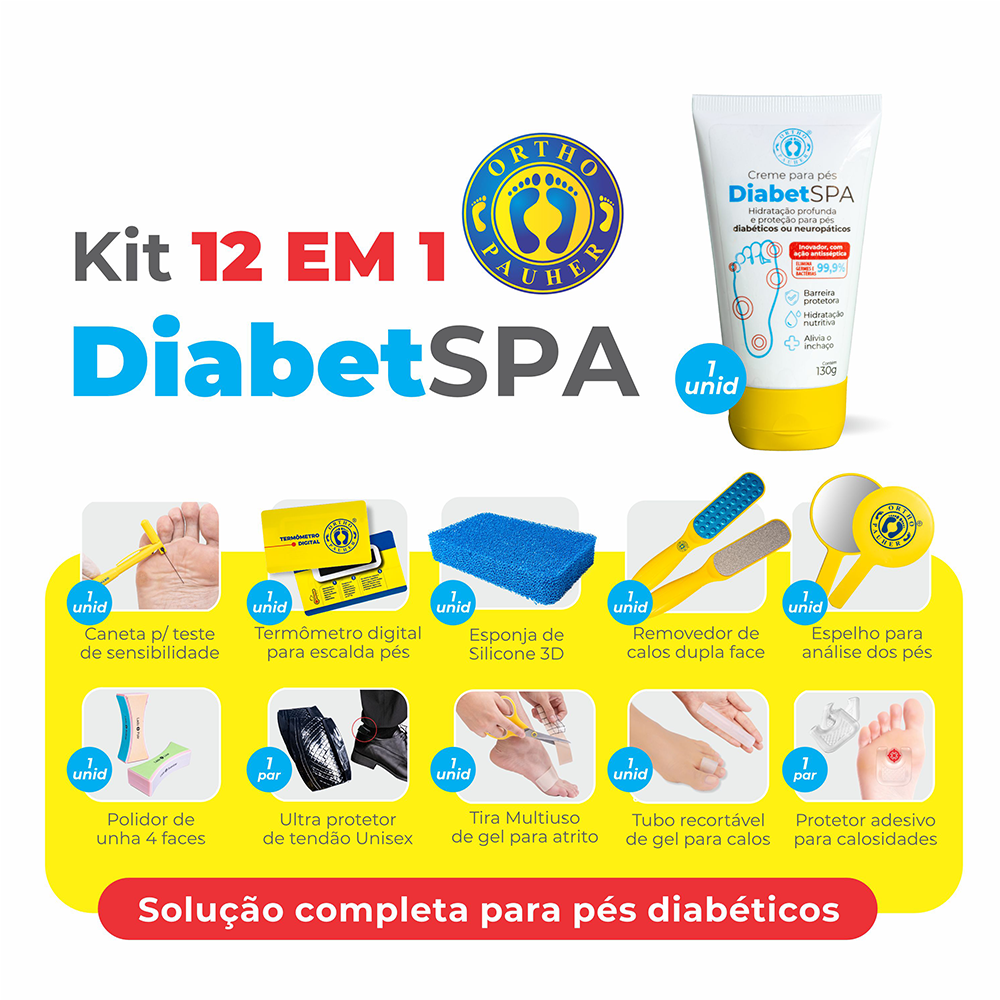 A imagem mostra o Kit 12 em 1 DiabetSpa, com suas informações técnicas e mostrando junto que vem com creme para os pés DiabetSpa no canto superior direito 