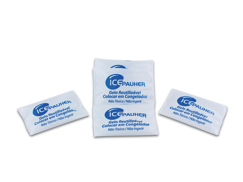 A imagem mostra unidades de gelo em gel. Na embalagem, informa-se que o produto é reutilizável e deve ser levado ao congelador.