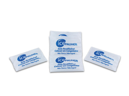 A imagem mostra unidades de gelo em gel. Na embalagem, informa-se que o produto é reutilizável e deve ser levado ao congelador.