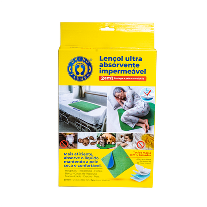 Parte da frente da embalagem do lençol ultra absorvene impermeável