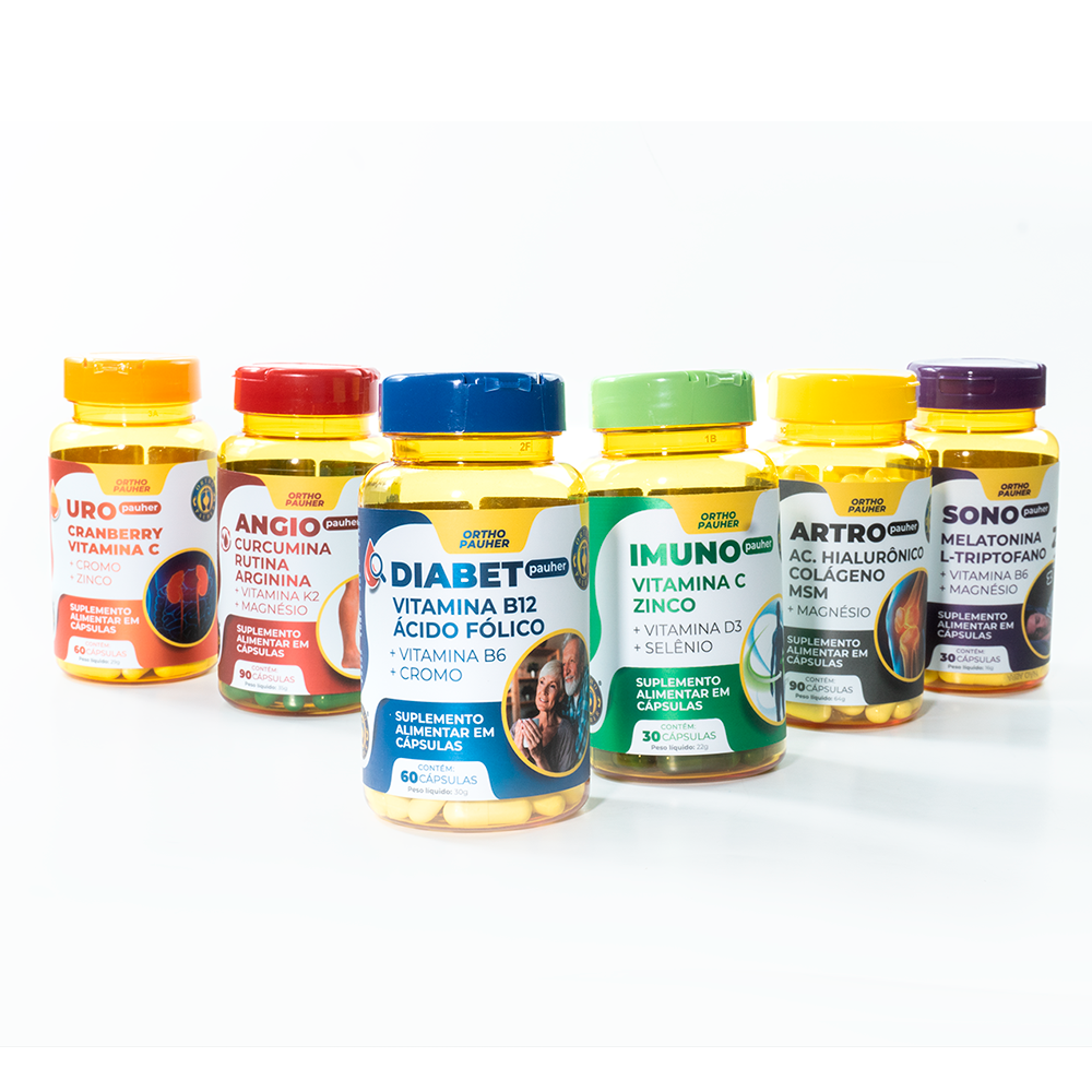 Seis potes de suplemento alimentar. Linha completa de suplementos alimentar da ortho pauher: Uro pauher, Angio pauher,  Diabet pauher, Imuno pauher, Artro pauher e Sono pauher.