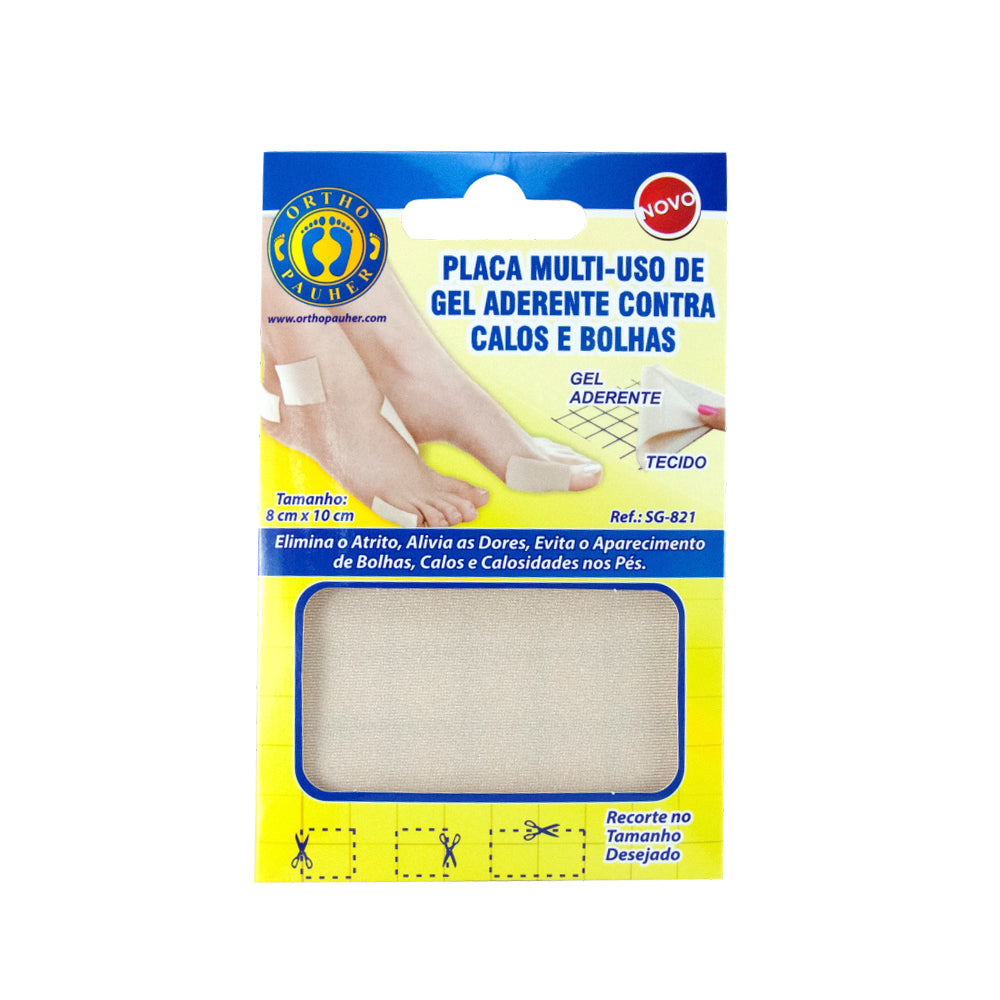 Embalagem do produto da placa multiuso de gel aderente contra calos e bolhas.