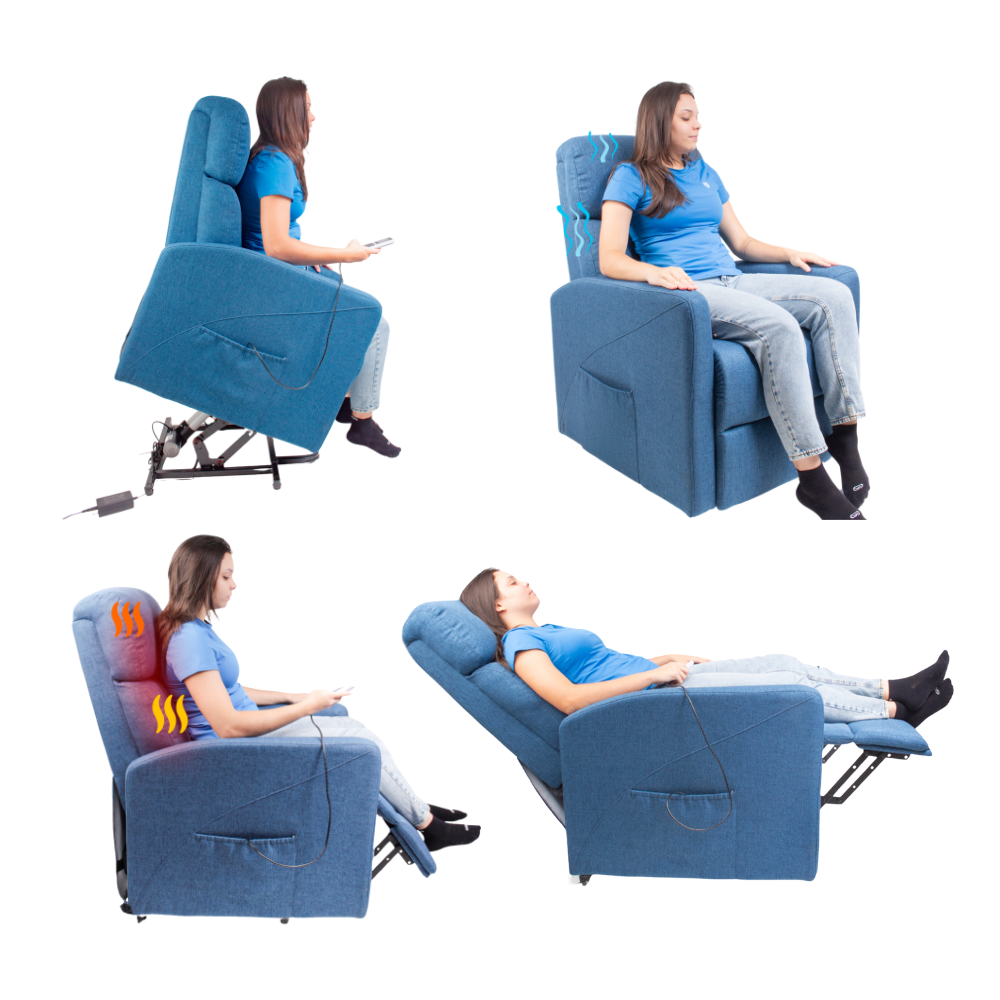 A poltrona sendo utilizada nas quatros funções: Inclinando, massageando, aquecendo e reclinando.  
