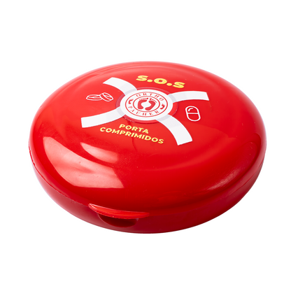 Porta comprimido em formato de boia, na cor vermelha. Com frase SOS porta comprimidos