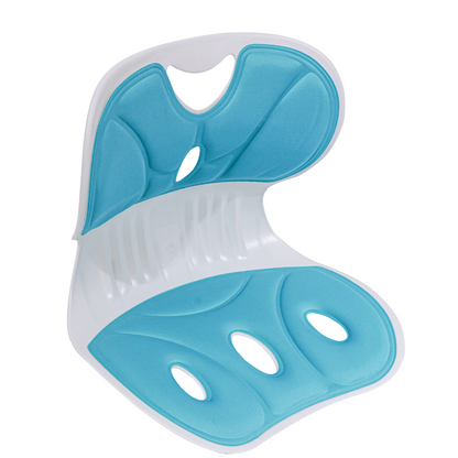 A imagem mostra o Pró-Posture assento ortopédico ergonômico para adultos e crianças e da cor azul claro.