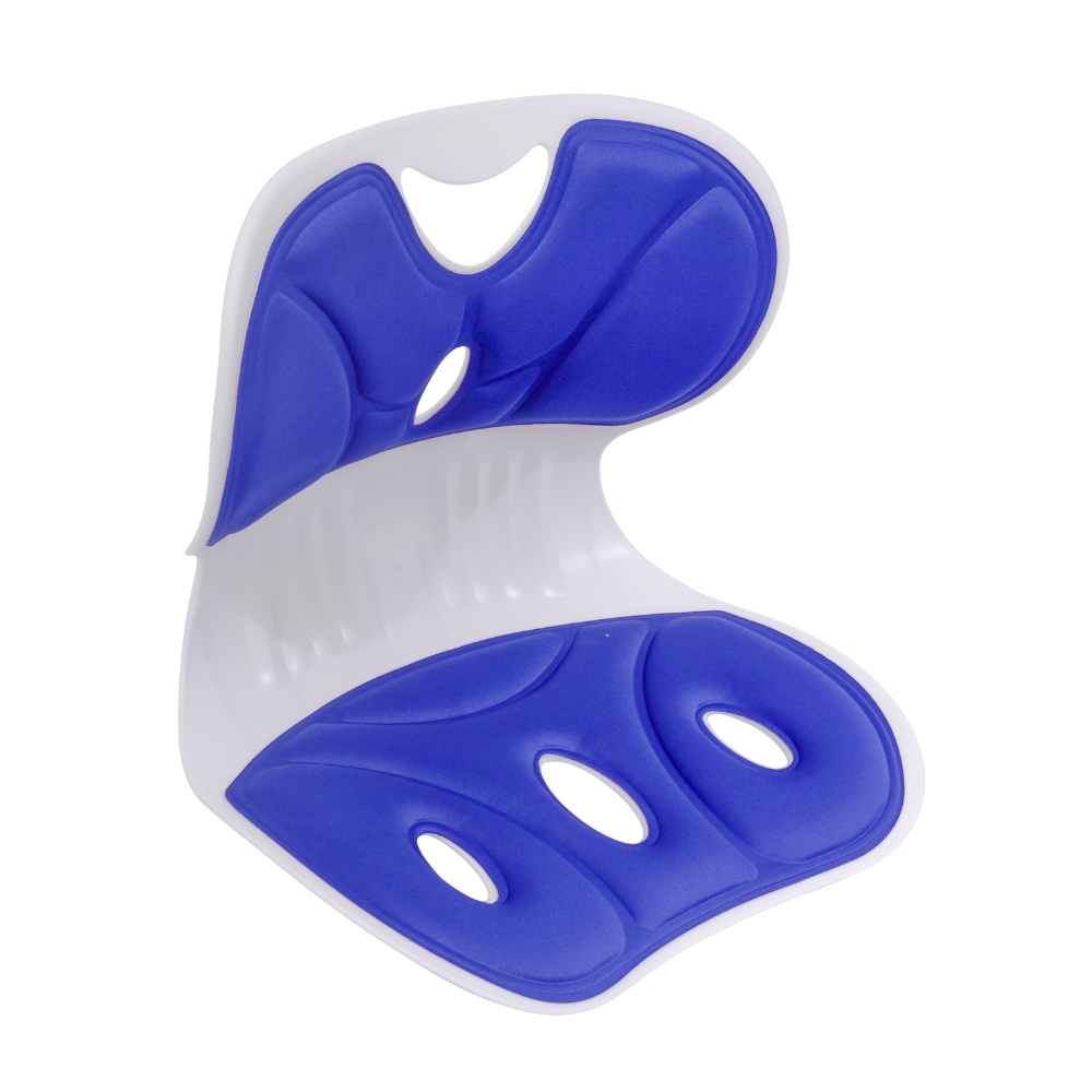 A imagem mostra o Pró-Posture assento ortopédico ergonômico para adultos e crianças de cor azul escuro.