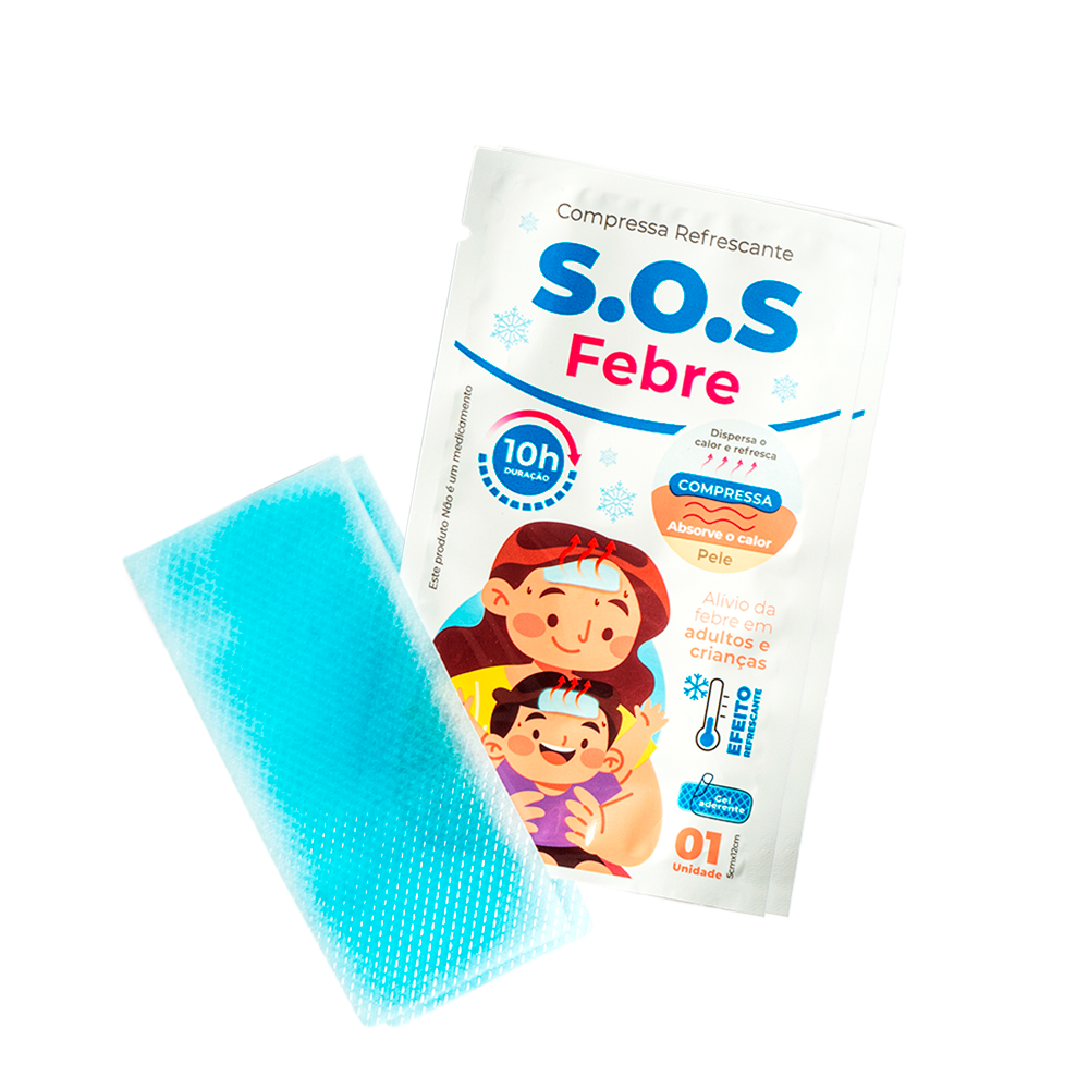 Embalagem do S.O.S Febre, e ao seu lado o produto.
