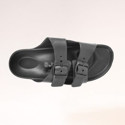 A imagem mostra a sandália ortopédica Ergonofeet, visto de cima, na cor preta