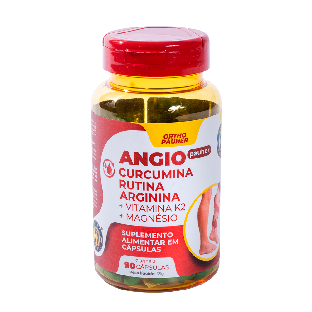 Pote de suplemento alimentar em cápsulas, contém 90 cápsulas, Angio pauher. Cor do pote: vermelho e amarelo.