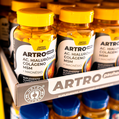 Expositor com potes de suplementos alimentar: Artro pauher.