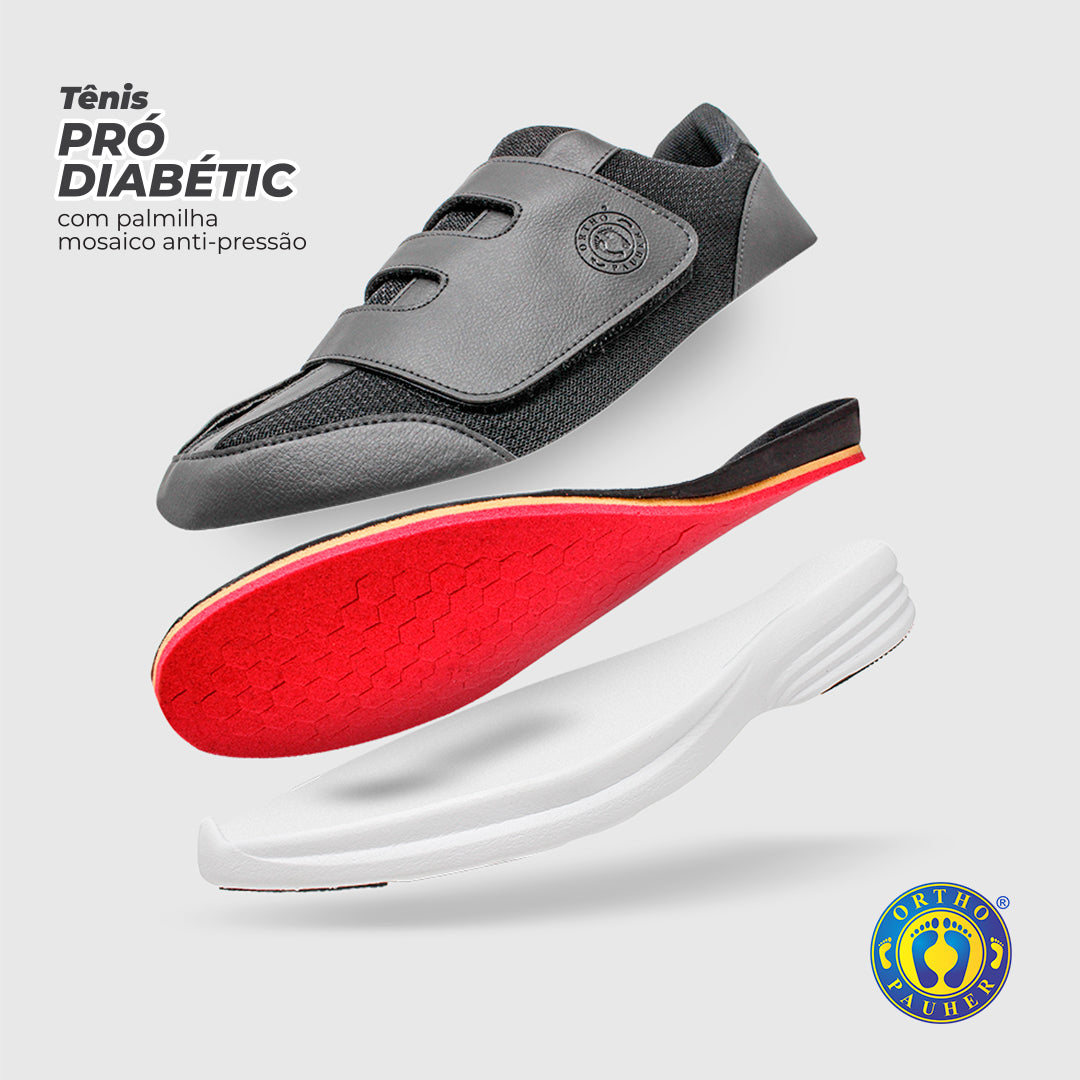 A imagem mostra o tênis pró diabetic com palmilha moisaco anti-pressão, parte por parte
