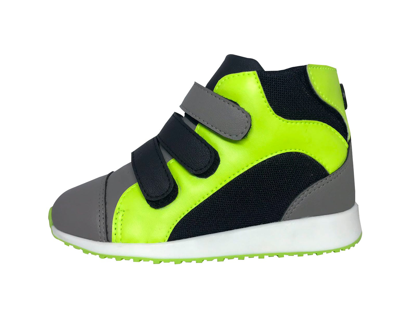 Tênis ortopédico infantil estilo botinha, cor verde, com cano alto, abertura traseira em velcro e forro acolchoado para facilitar o uso com órteses AFO ou SMO. Possui ampla abertura para encaixe do calcanhar, solado antiderrapante e estrutura que oferece suporte à postura, ajudando no tratamento de pé plano ou cavo. Indicado para crianças com disfunções motoras ou más formações.