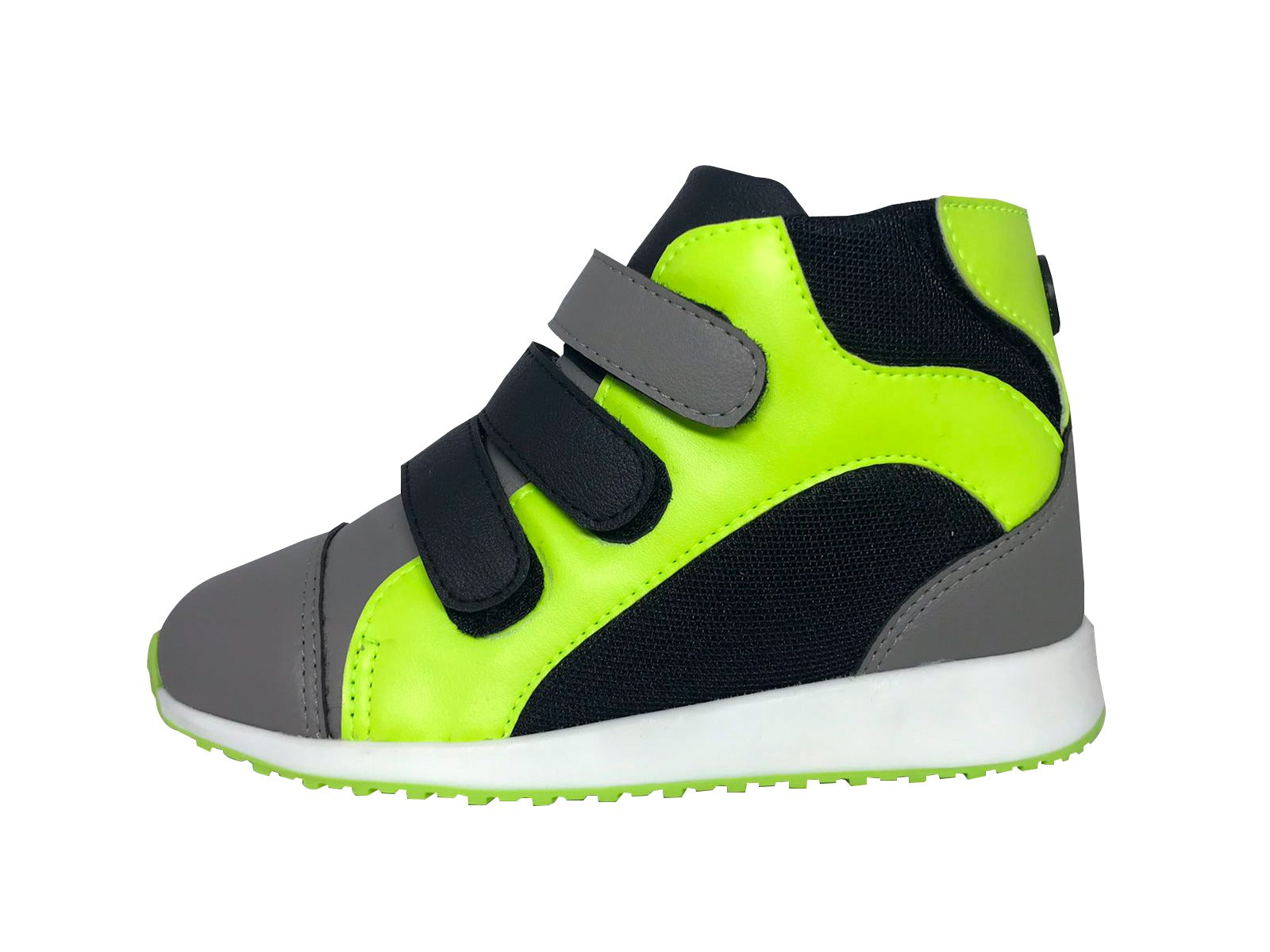 Tênis ortopédico infantil estilo botinha, cor verde, com cano alto, abertura traseira em velcro e forro acolchoado para facilitar o uso com órteses AFO ou SMO. Possui ampla abertura para encaixe do calcanhar, solado antiderrapante e estrutura que oferece suporte à postura, ajudando no tratamento de pé plano ou cavo. Indicado para crianças com disfunções motoras ou más formações.