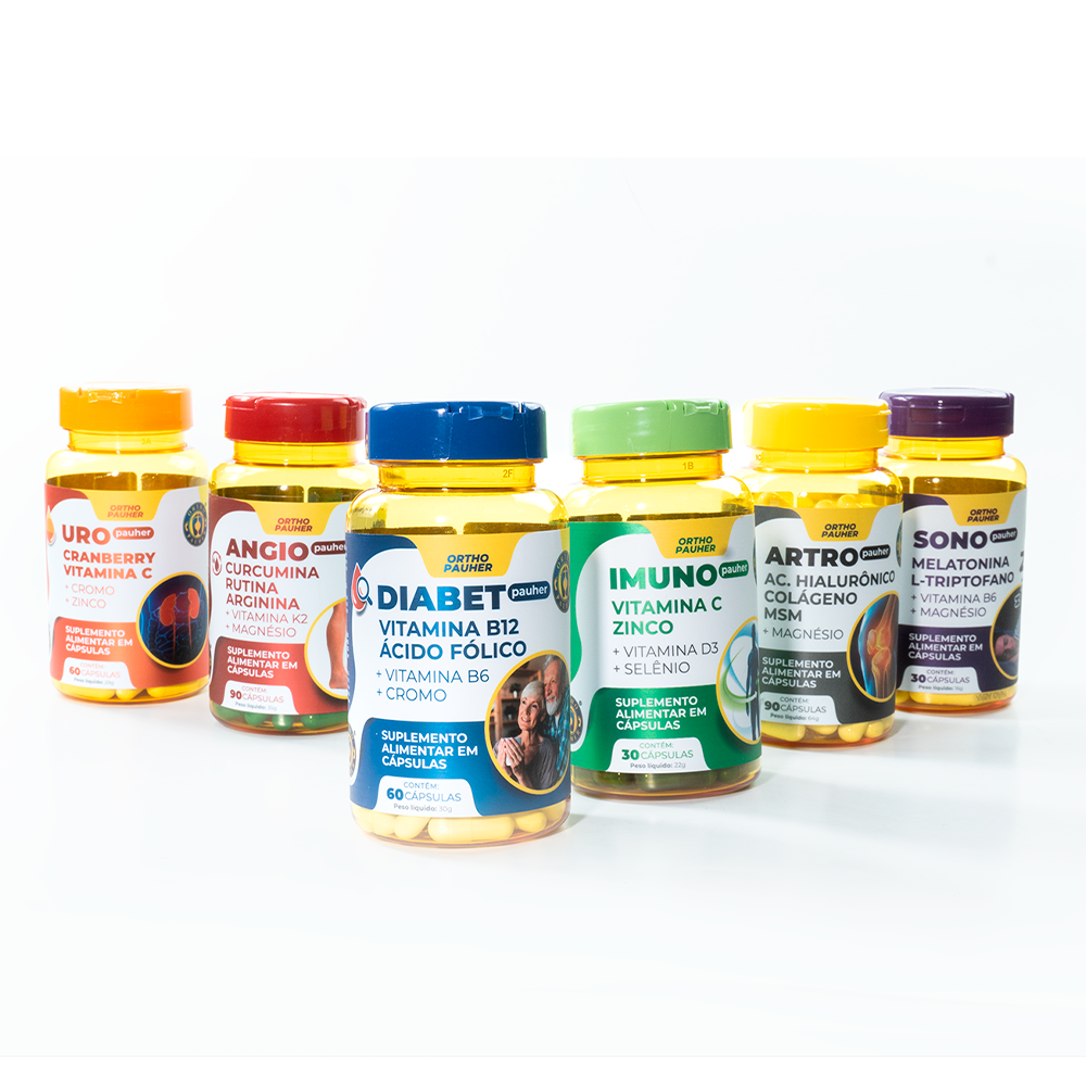 Seis potes de suplemento alimentar. Linha completa de suplementos alimentar da ortho pauher: Uro pauher, Angio pauher,  Diabet pauher, Imuno pauher, Artro pauher e Sono pauher.