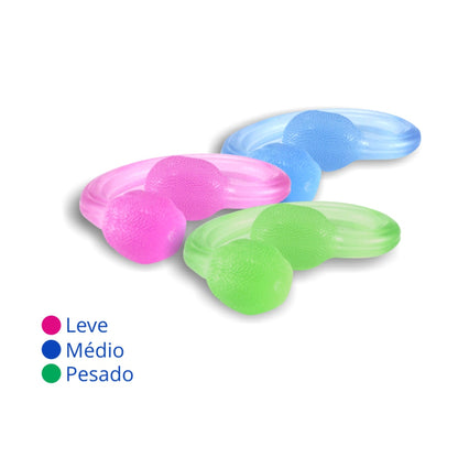 Três tubogel na cor rosa, verde e azul. Cada um com um nível, sendo o rosa o leve, o azul o médio e o verde sendo o mais pesado