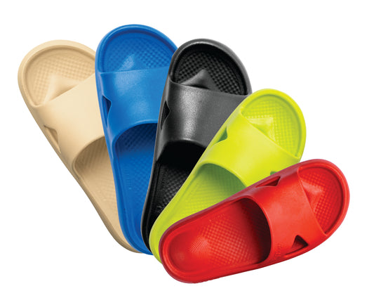 Imagem da sandália ortopédica Fly Feet Nuvem Esporão com bordas laterais elevadas e cavidade anatômica no calcanhar, desenvolvida para aliviar as dores causadas pelo esporão de calcâneo com sistema anti-impacto invertido. Cores disponíveis: bege, azul, preto, verde neon e vermelho.