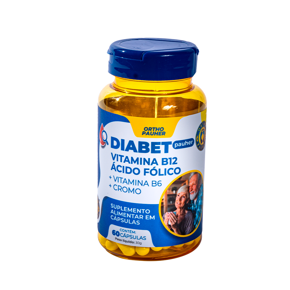Pote do suplemento alimentar em cápsulas,  Diabet pauher. Pote cor azul com amarelo.