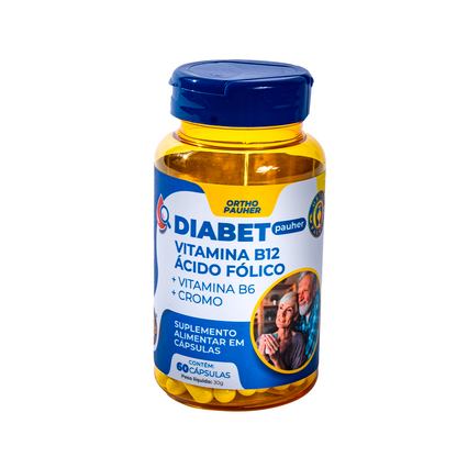 Pote do suplemento alimentar em cápsulas,  Diabet pauher. Pote cor azul com amarelo.