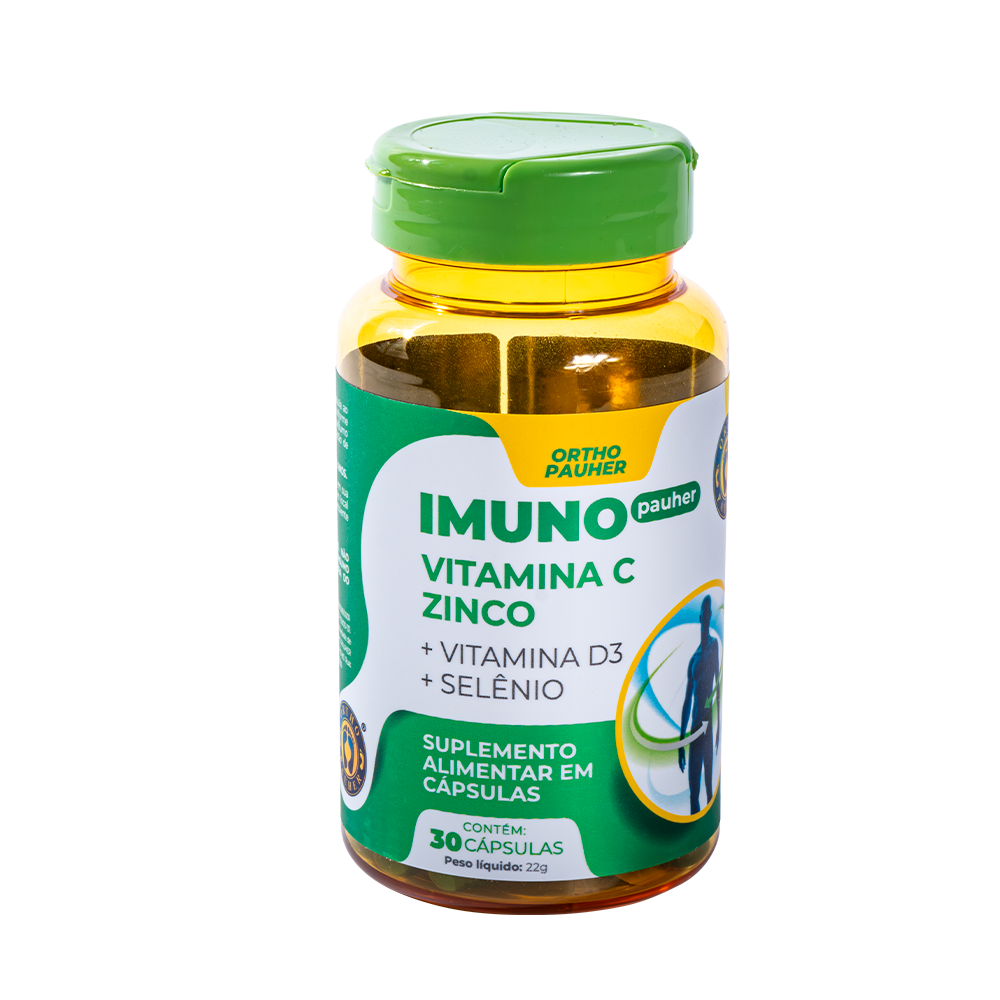 Pote de sumplemento alimentar Imuno Pauher, com 30 cápsulas. Cor do pote verde e amarelo. 