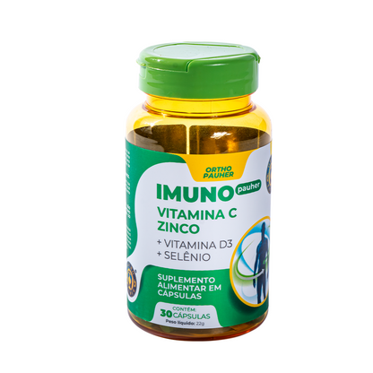Pote de sumplemento alimentar Imuno Pauher, com 30 cápsulas. Cor do pote verde e amarelo. 