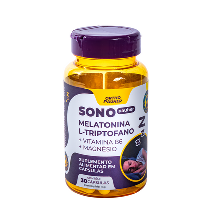 Pote de suplemento alimentar sono pauher, com 30 cápsulas.  Cor do pote roxo e amarelo.