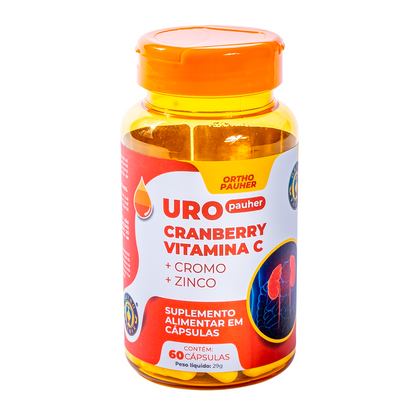 Pote de suplemento alimentar uropauher. Para incontinência urinária. Cor predominante laranja.